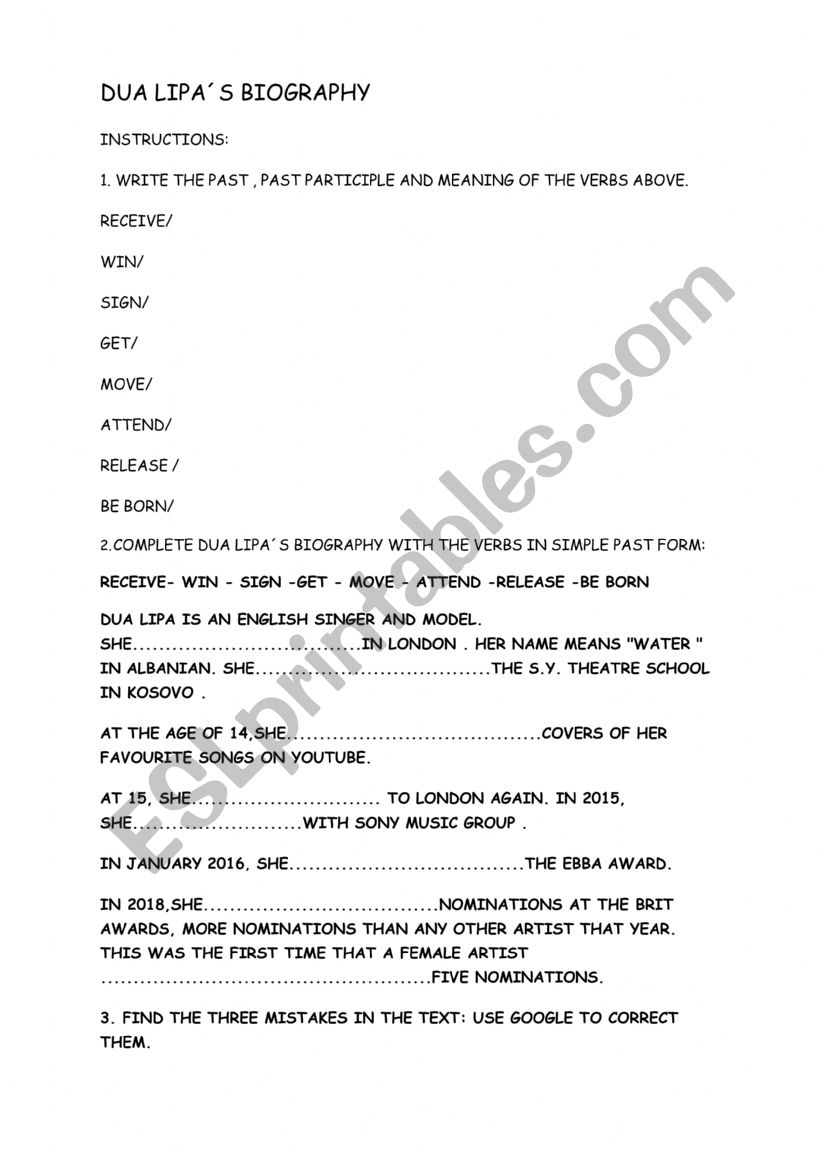 DUA LIPA´S BIOGRAPHY ESL worksheet by mgomez94