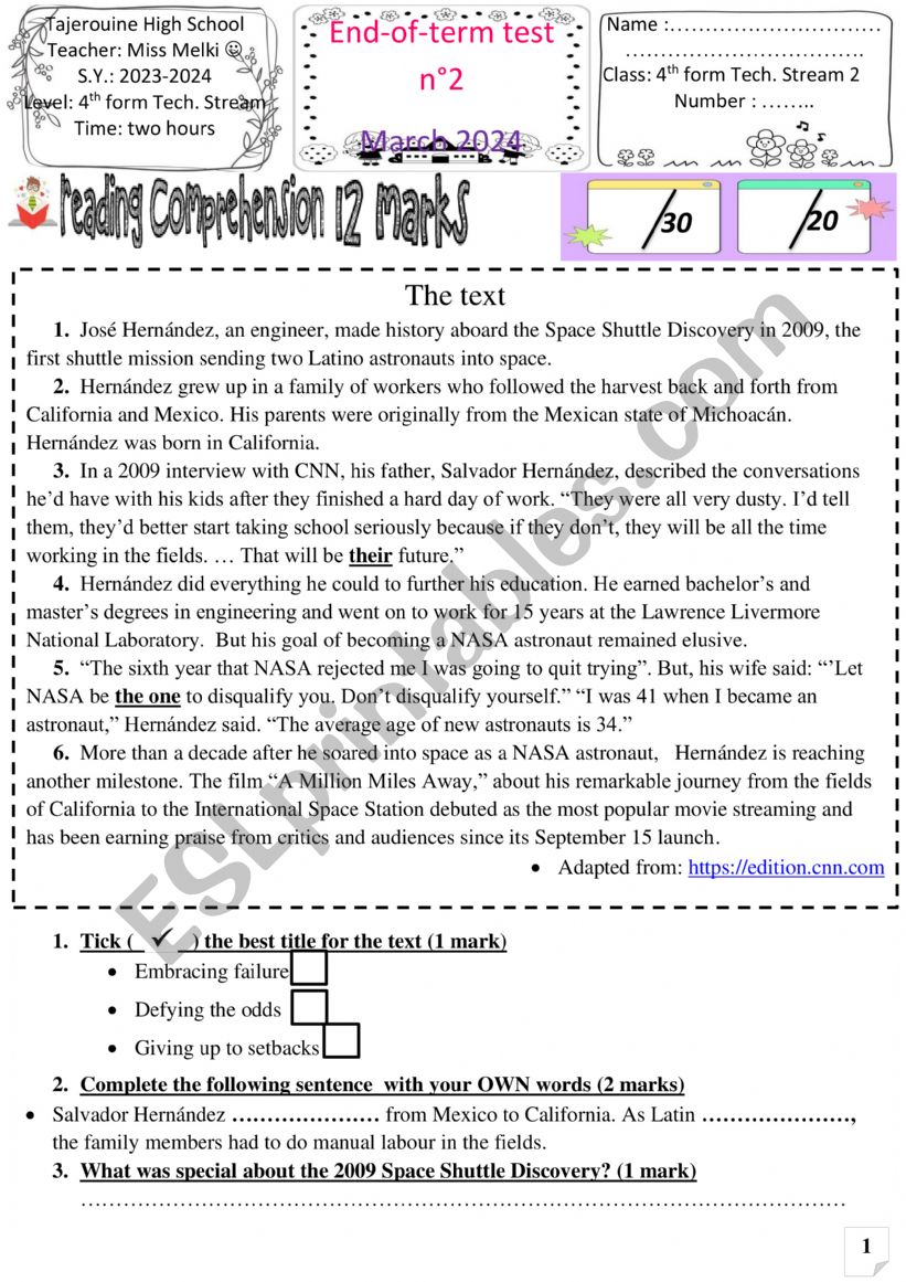 4th form end of term test n2 worksheet