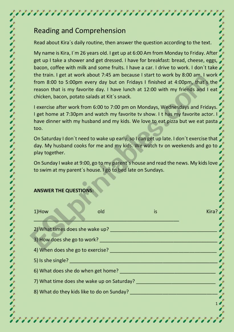 Reading and comprehension worksheet