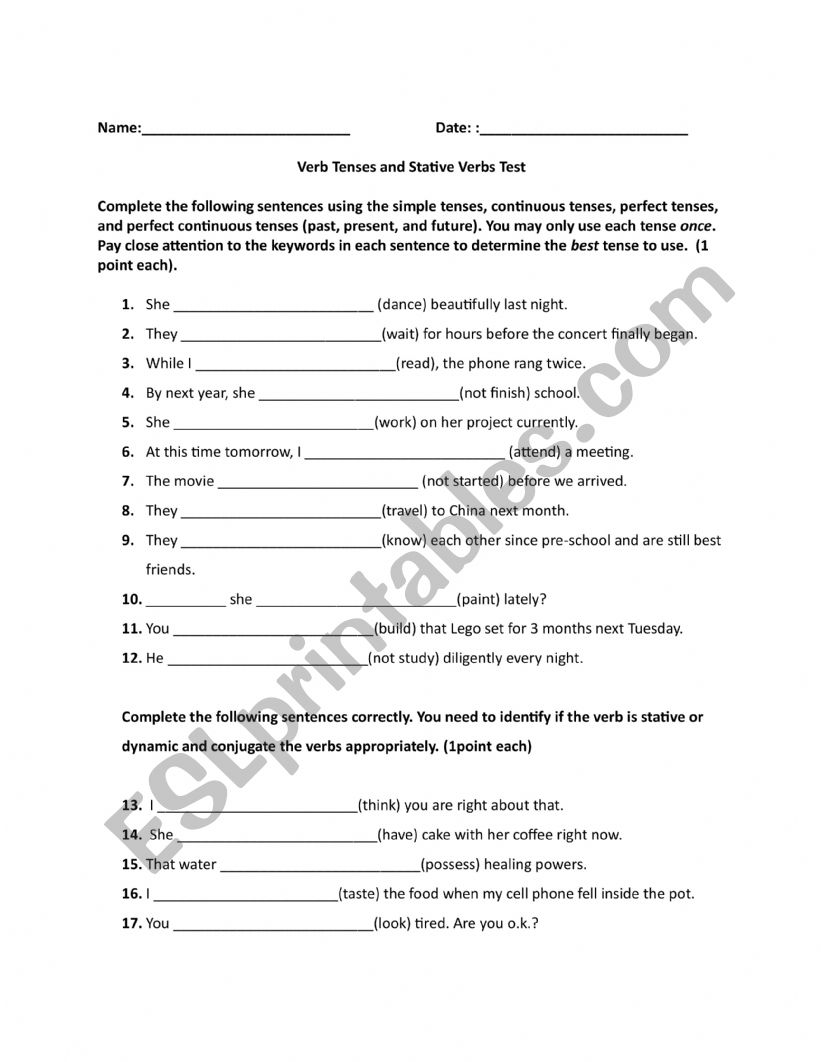 Verb Tenses and Stative Verbs Test