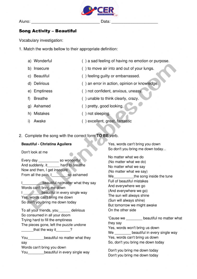 Song Activity - Beautiful worksheet