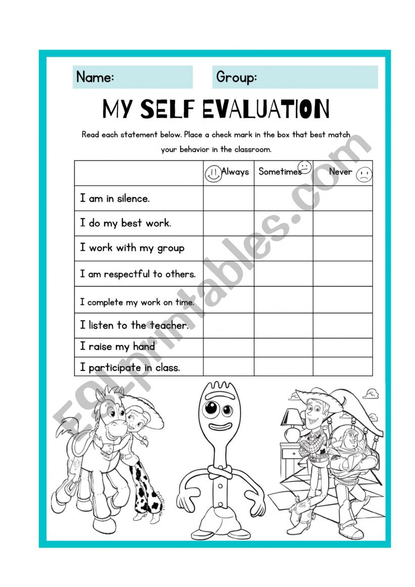 My self evaluation Toy Story worksheet