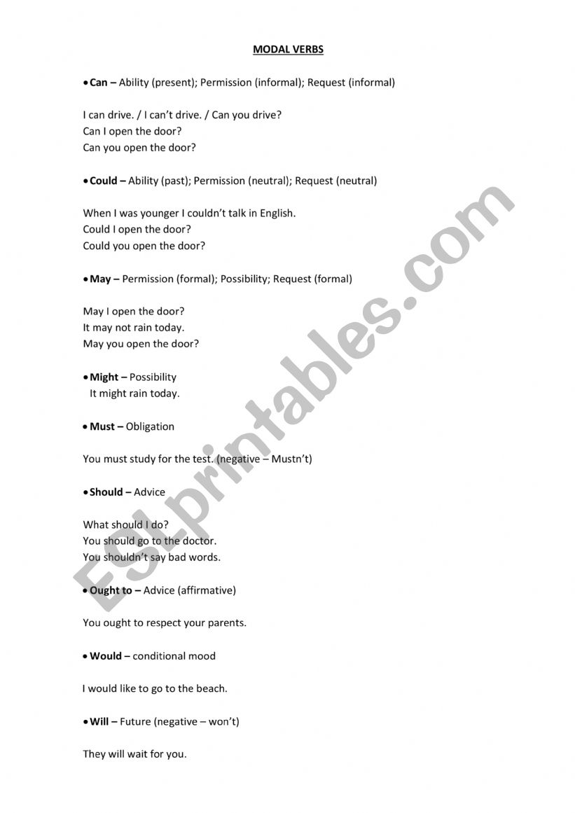 Modal Verbs with keys worksheet