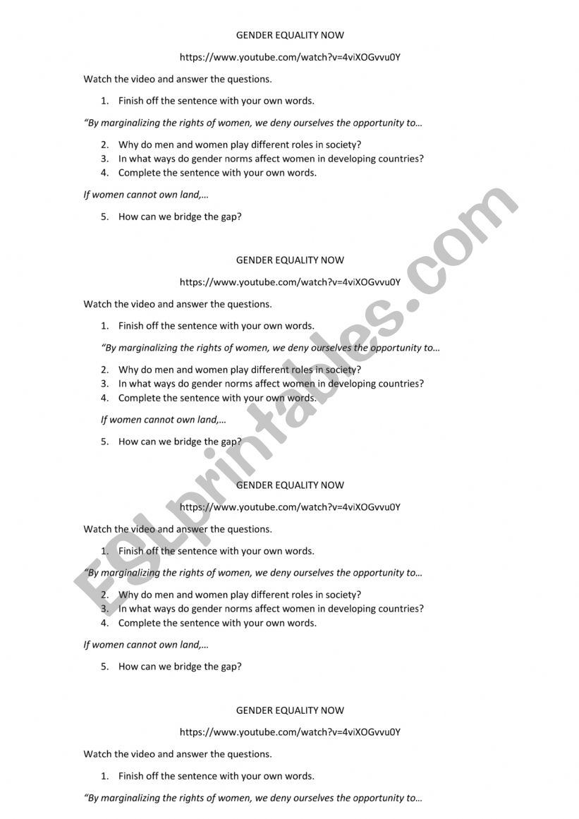 Gender Equality worksheet