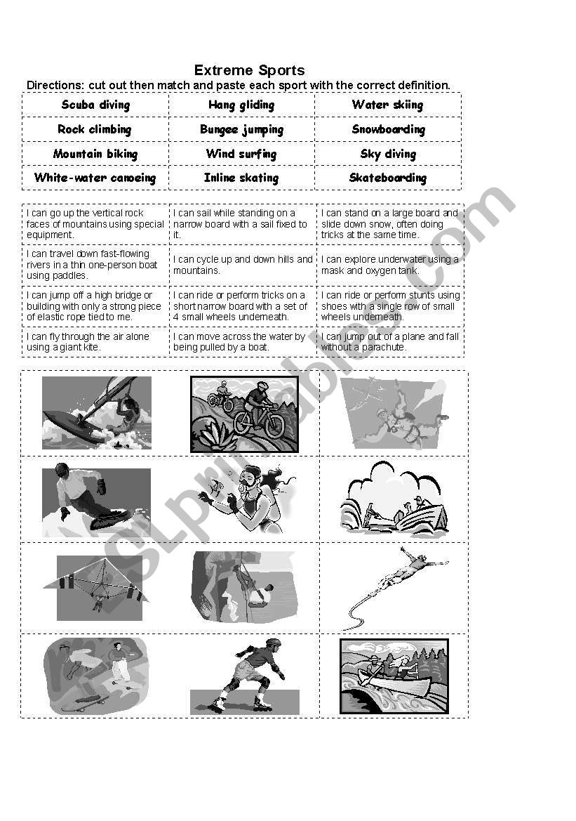 extreme sports and verb can worksheet