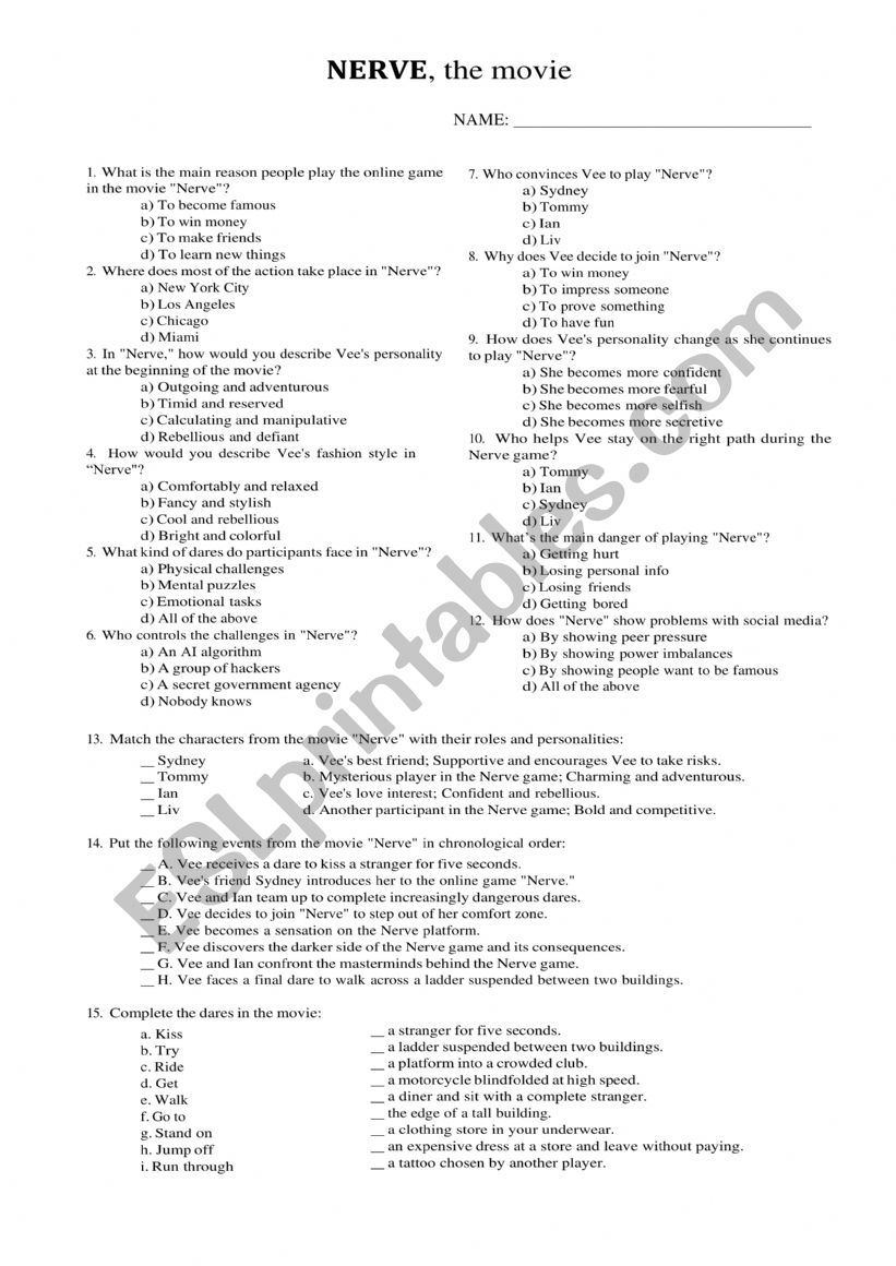 Nerve, the movie worksheet