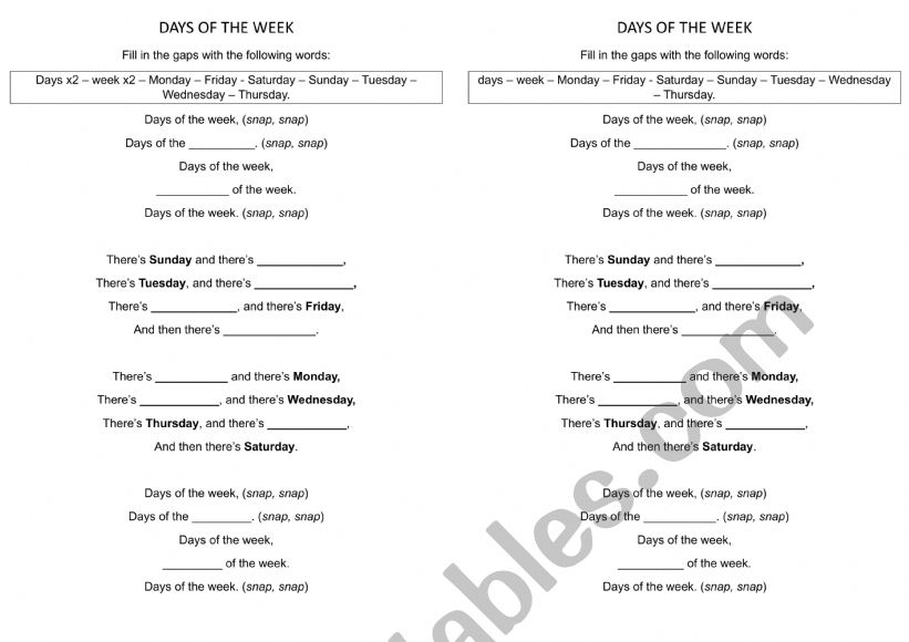 Days of the week worksheet