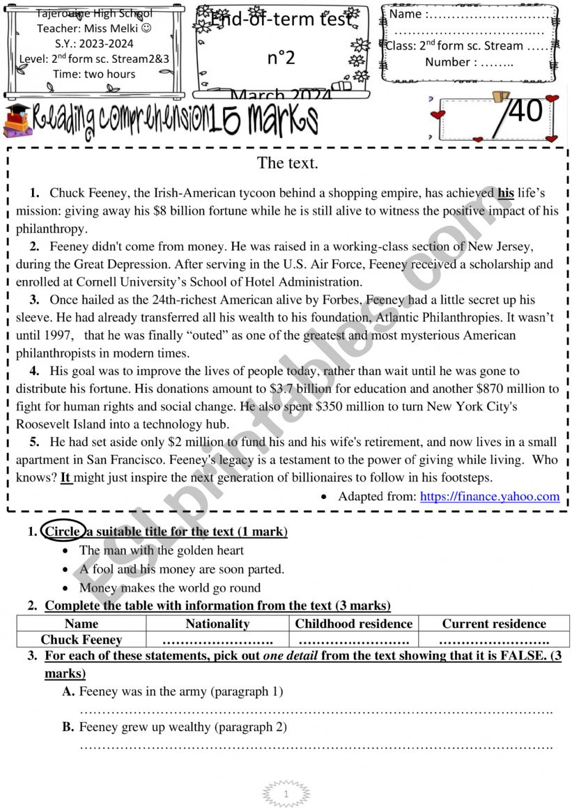 2nd form End of term test n2 worksheet