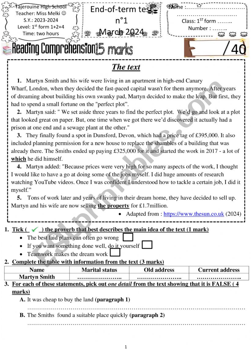 1st form end of term test 2 worksheet