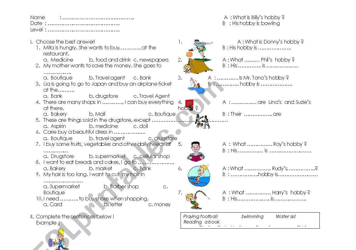 Hobbies worksheet