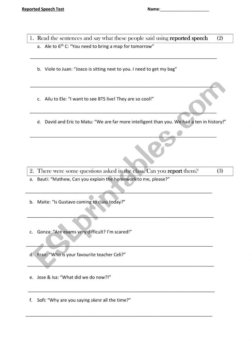 Reported Speech Test worksheet