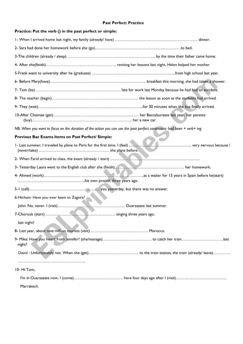 past perfect tense worksheet