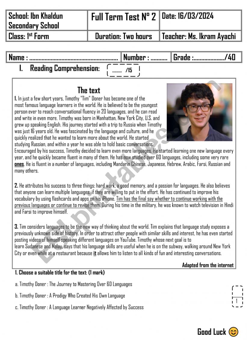 1st Form - Full Term Test 2 worksheet