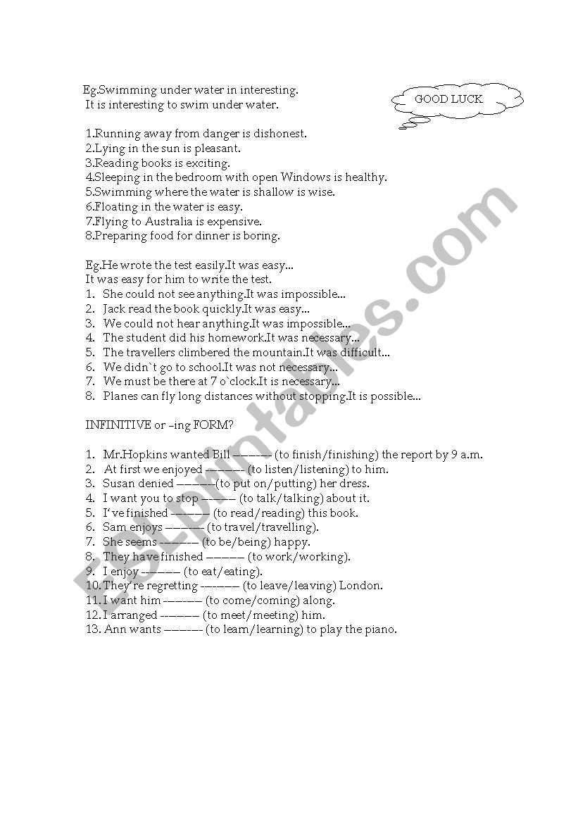 INFINITIVE;-ING FORM worksheet
