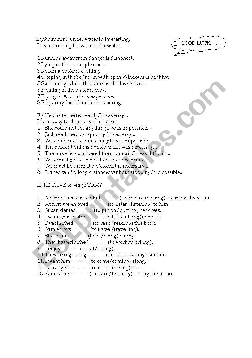 INFINITIVE;-ING FORM worksheet