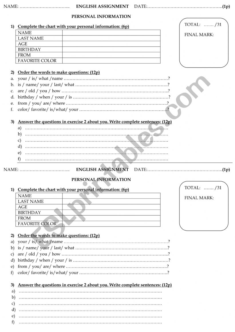 Personal Information worksheet
