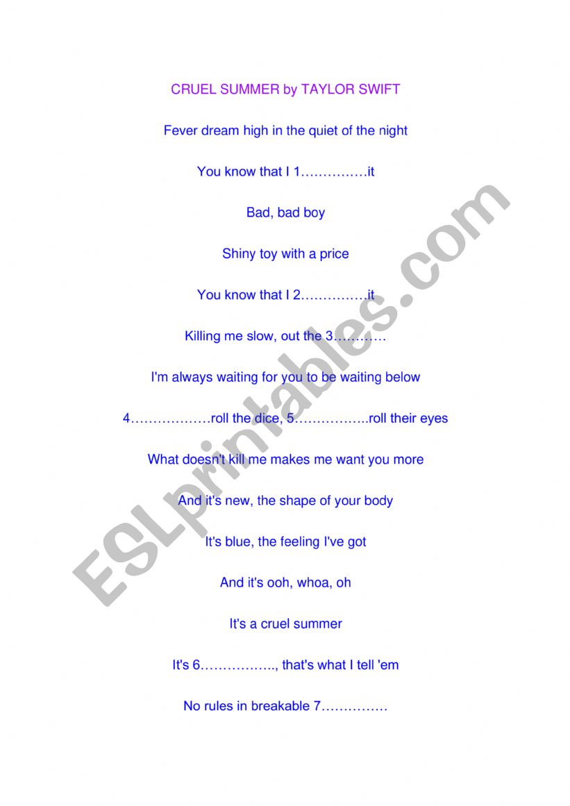 Cruel Summer by Taylor Swift  worksheet