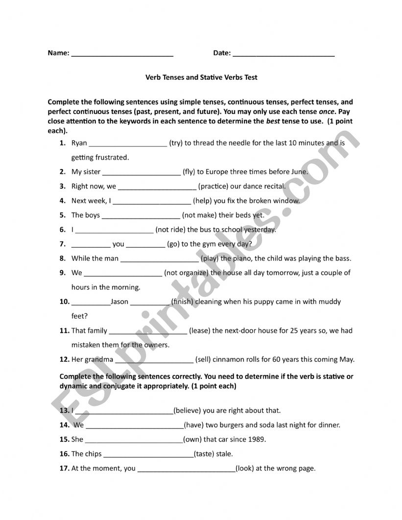 Verb Tenses and Stative Verbs Test #2