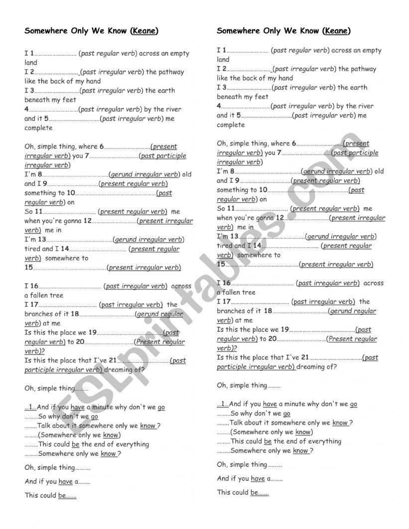 Song: Somewhere we only know worksheet
