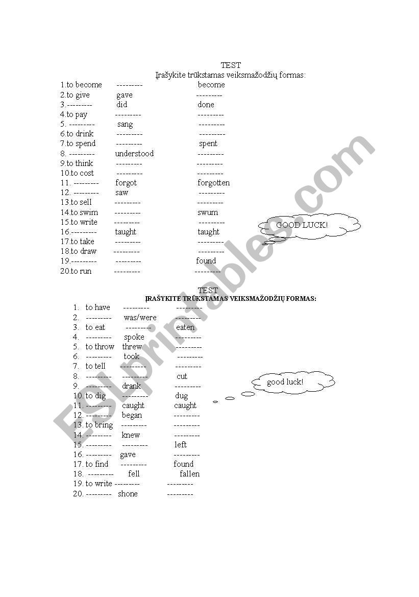 TABLE OF IRREGULAR VERBS worksheet