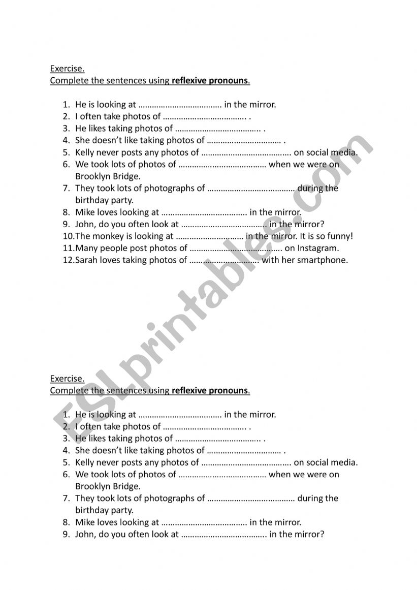 reflexive pronouns - exercise worksheet