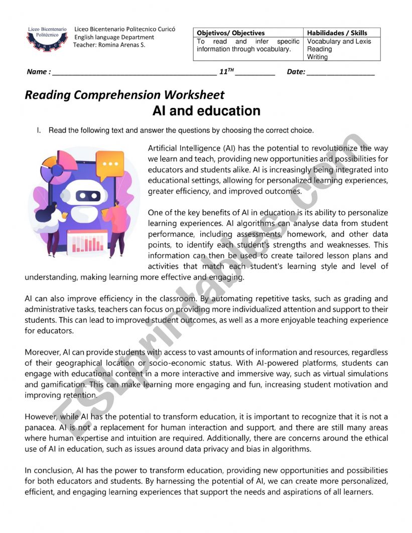 Reading - AI and Education worksheet