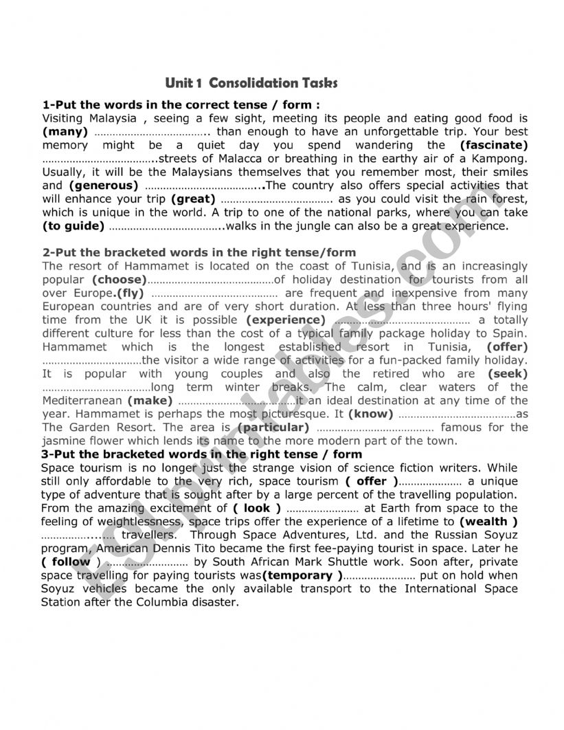 4th Form Consolidation Tasks worksheet