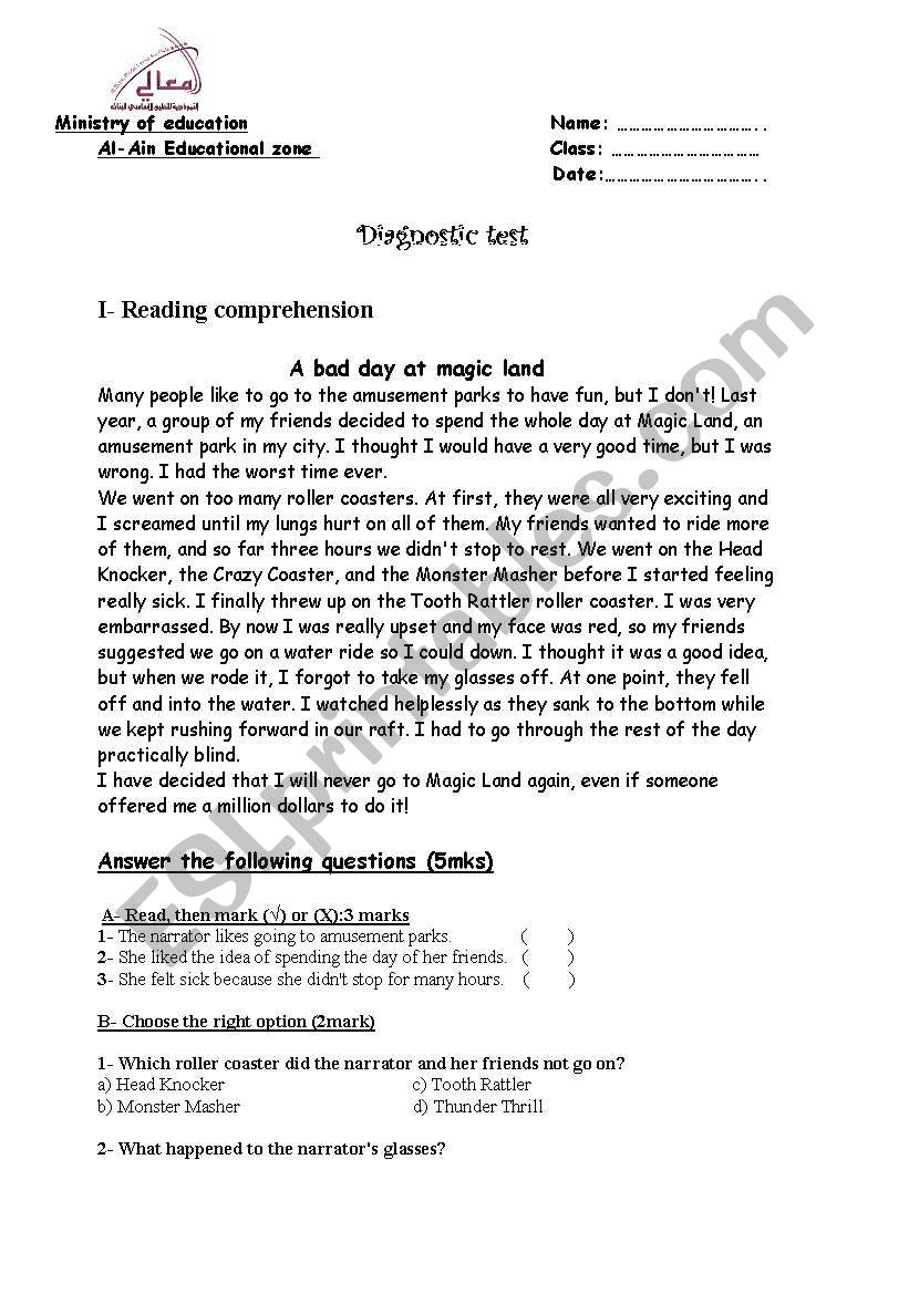 diagnostic test worksheet