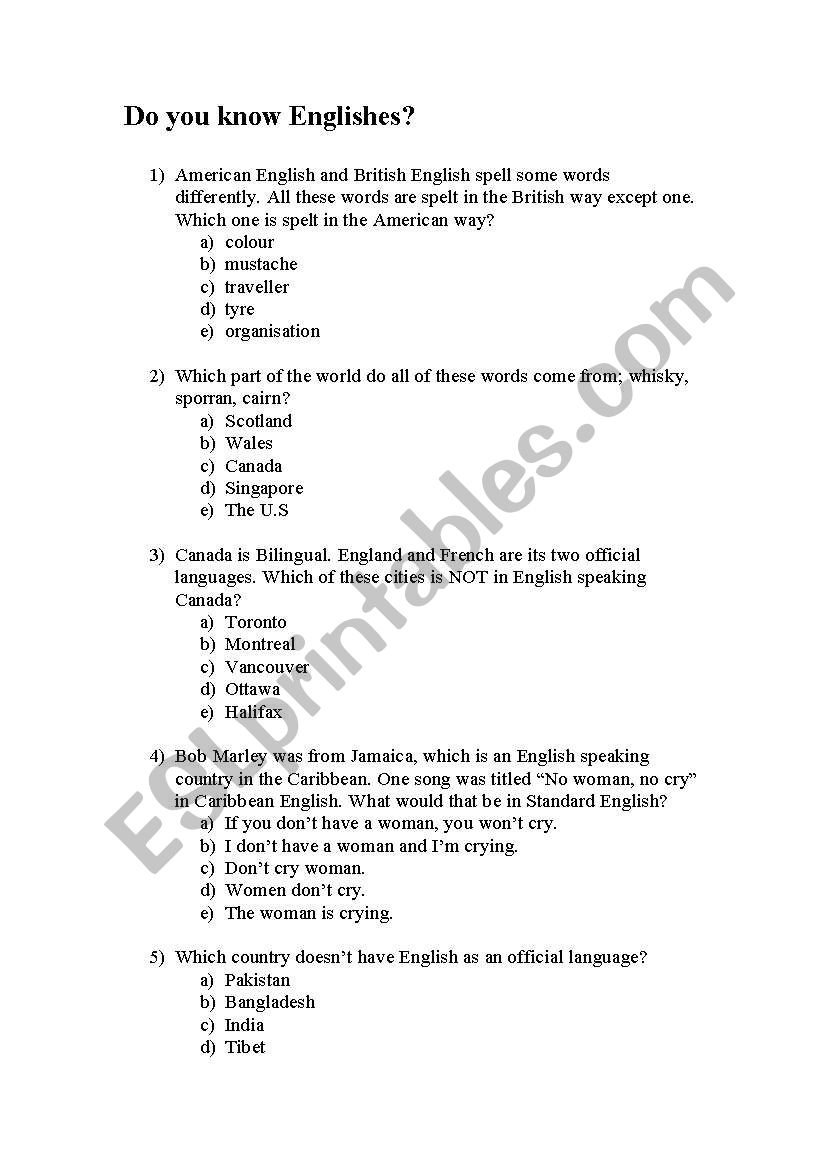 Do you know Englishes? worksheet