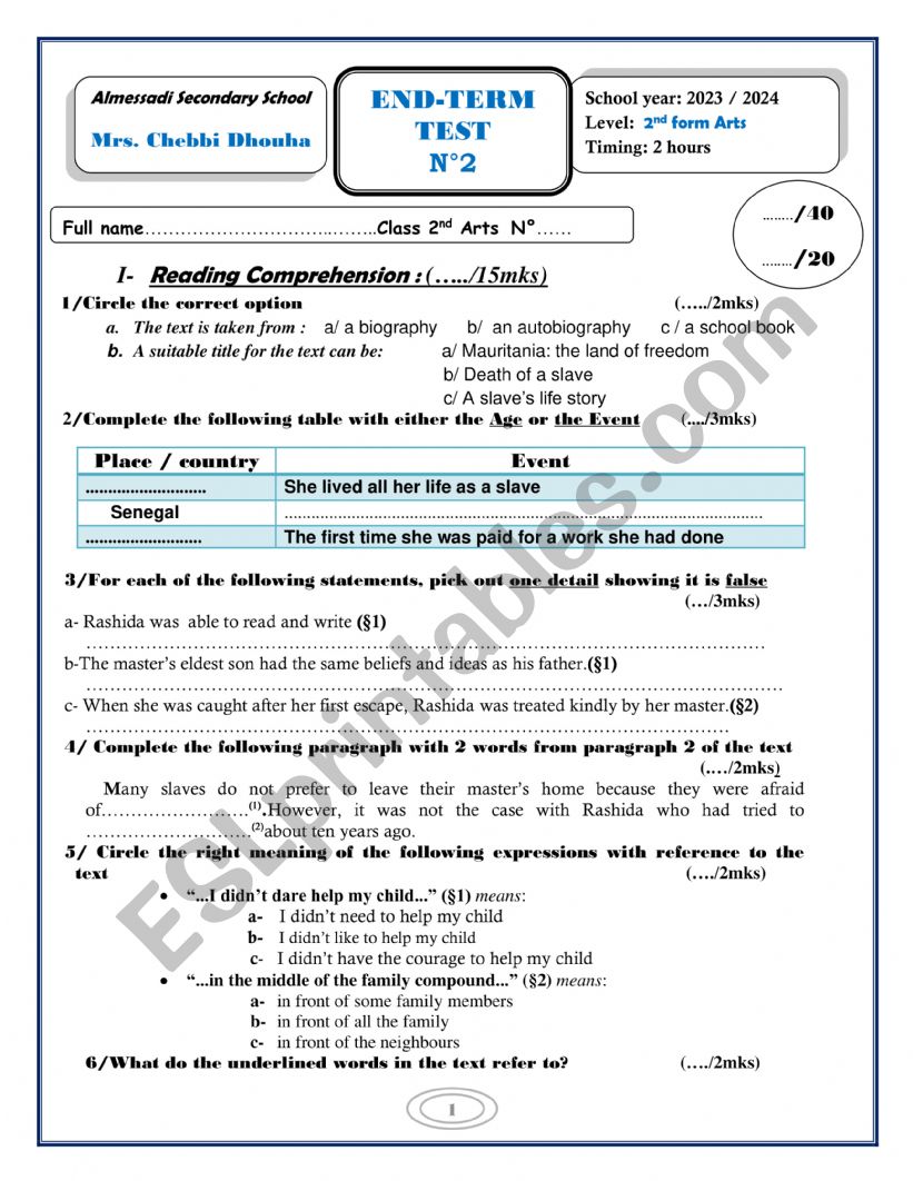 ett2 2nd form Arts worksheet