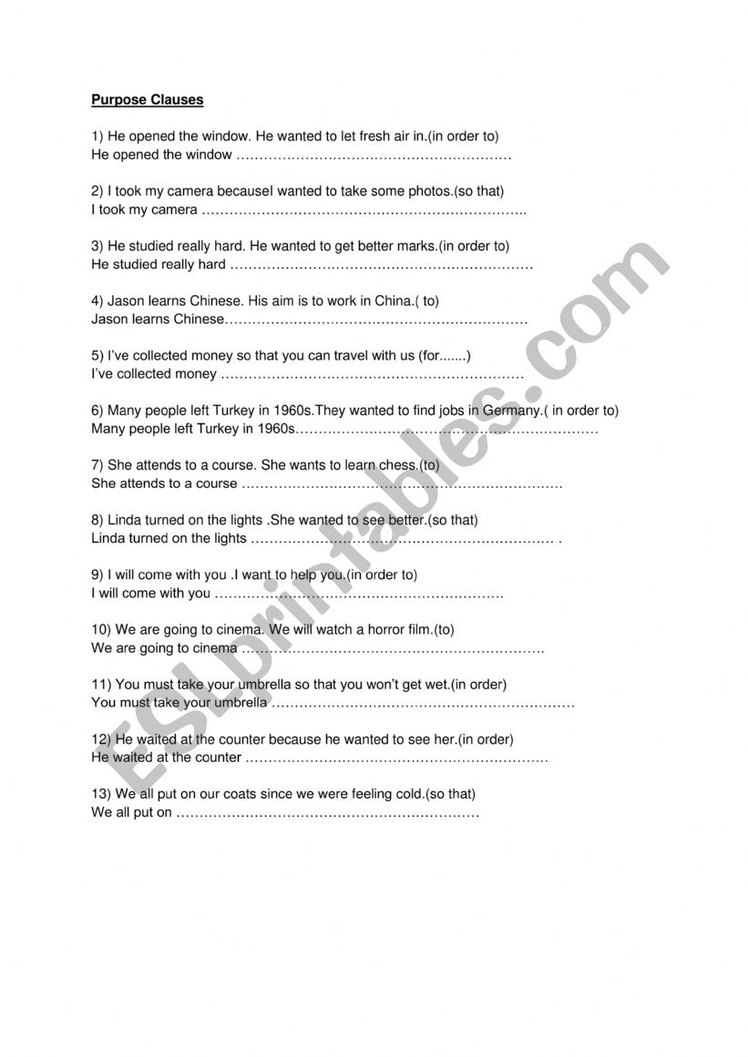 clauses of purpose worksheet