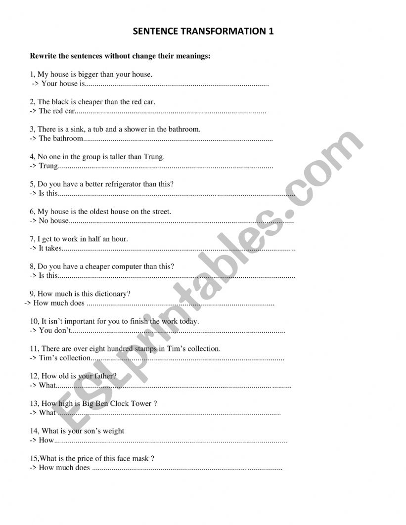 Sentence transformation worksheet