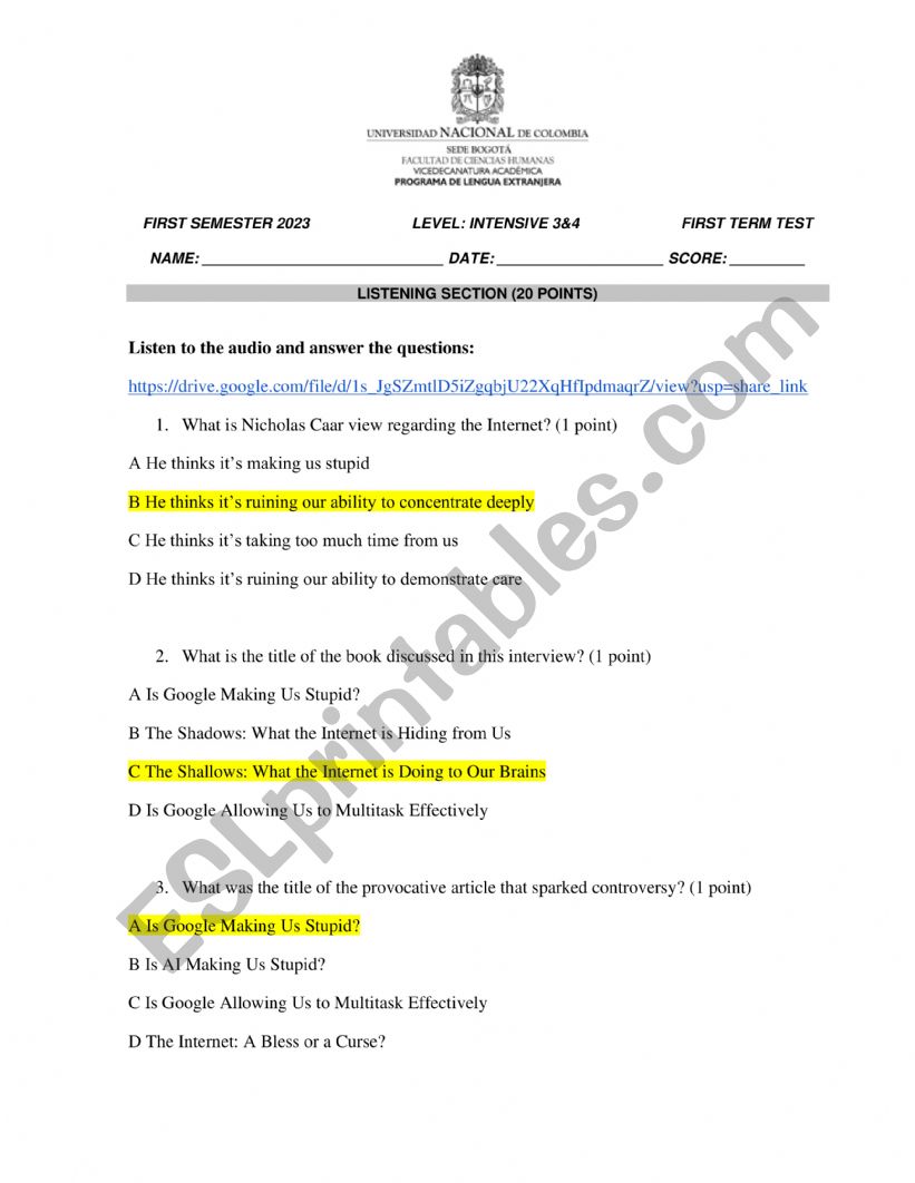 Exam Intermediate worksheet