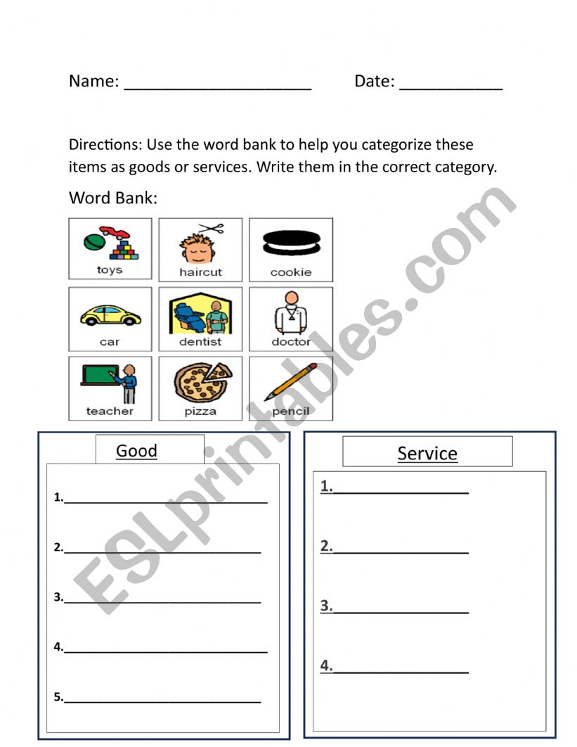 Goods and Services worksheet