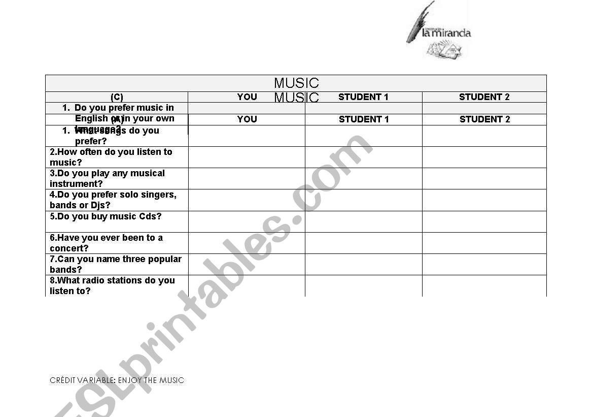 QUESTIONNAIRE MUSIC worksheet