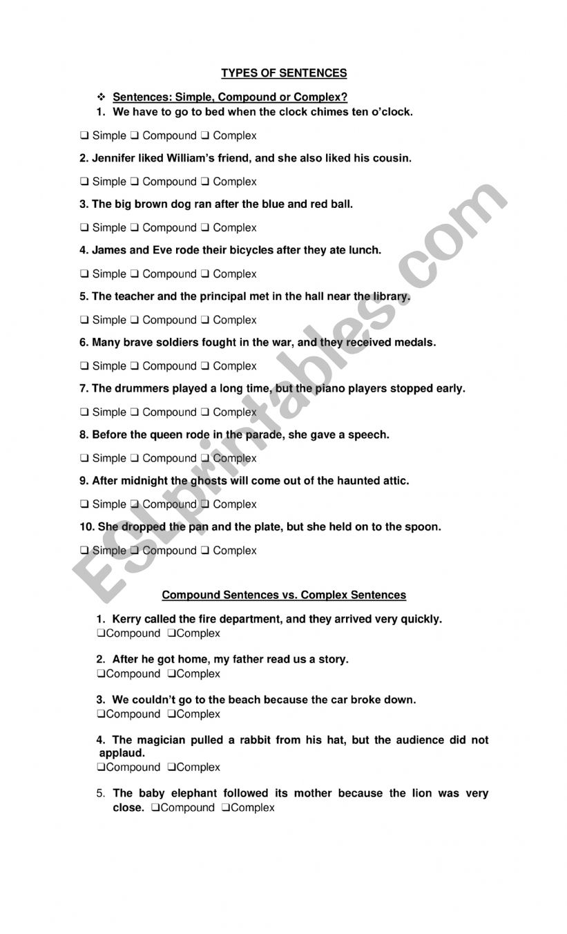 types of sentences worksheet