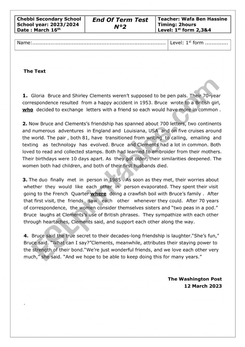 End Term Test N 2 1st Form ESL Worksheet By Wafouta end-term-test-n-2-1st-form-esl-worksheet-by-wafouta