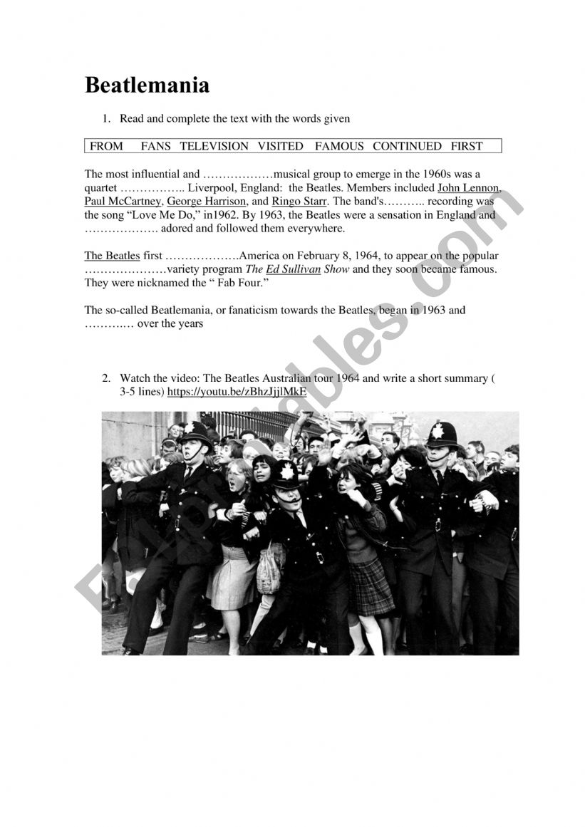 Beatlemania worksheet