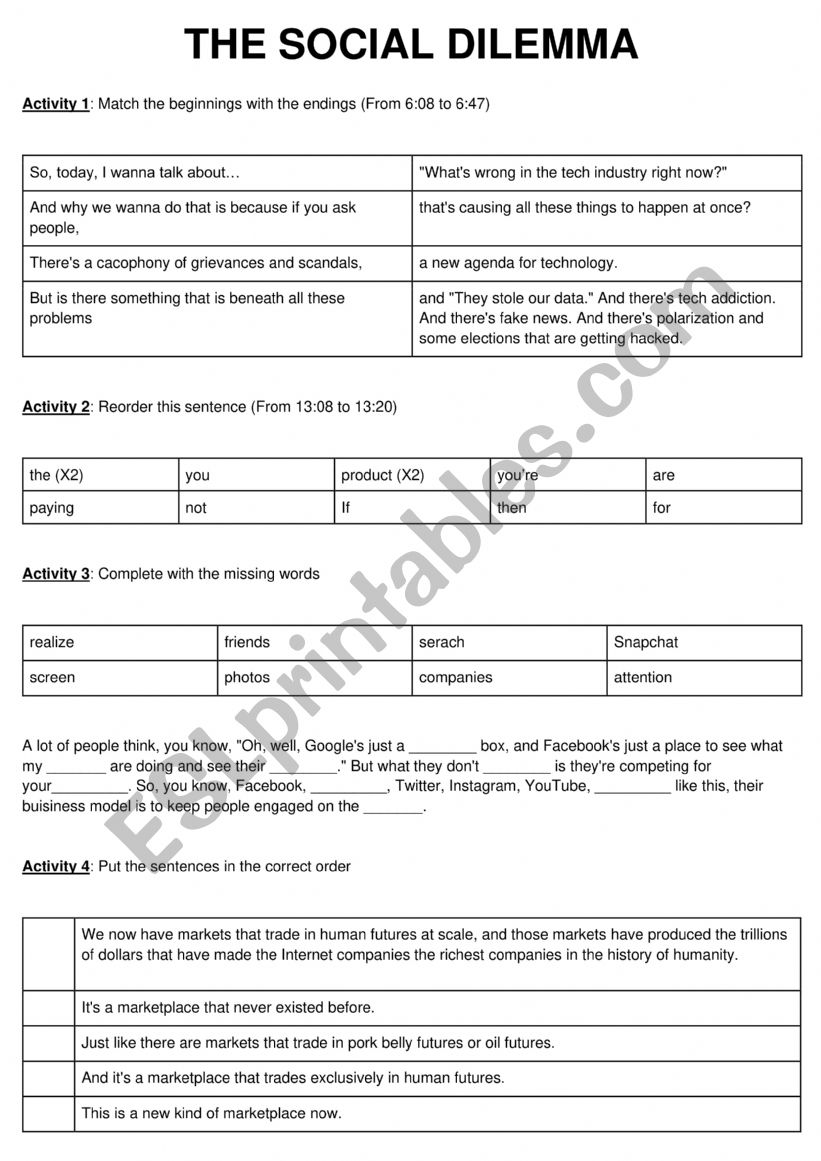 The social dilemma worksheet