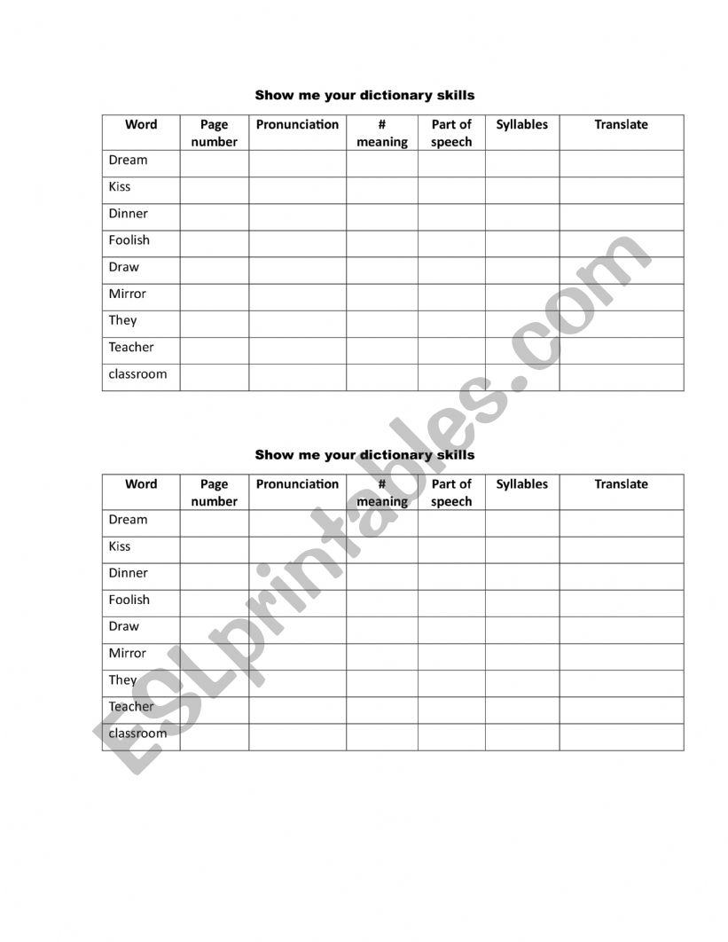 Dictionary skills worksheet