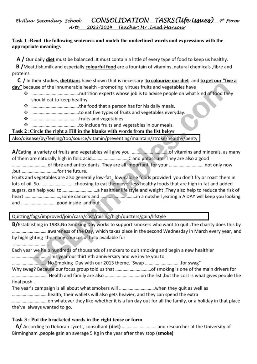 CONSOLIDATION   TASKS(life issues)   4th Form 