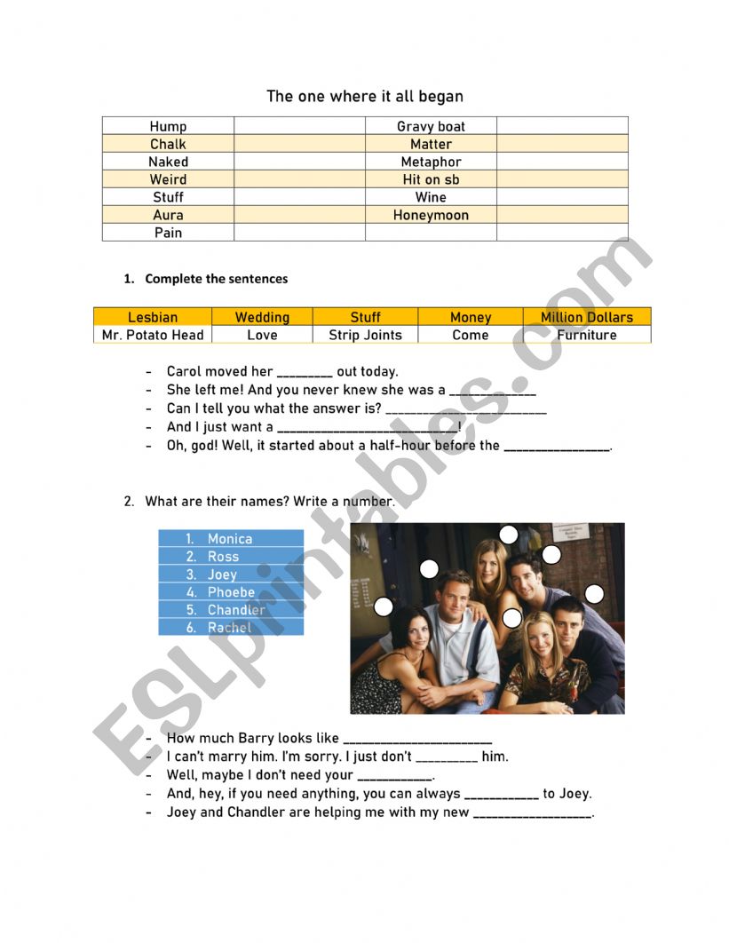 Friends episode 1 SEASON 1 worksheet