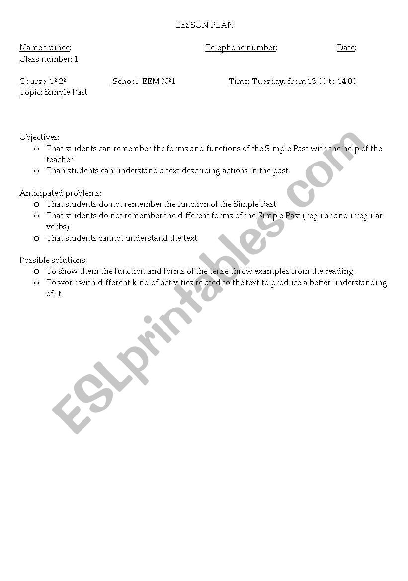 simple past lesson plan worksheet