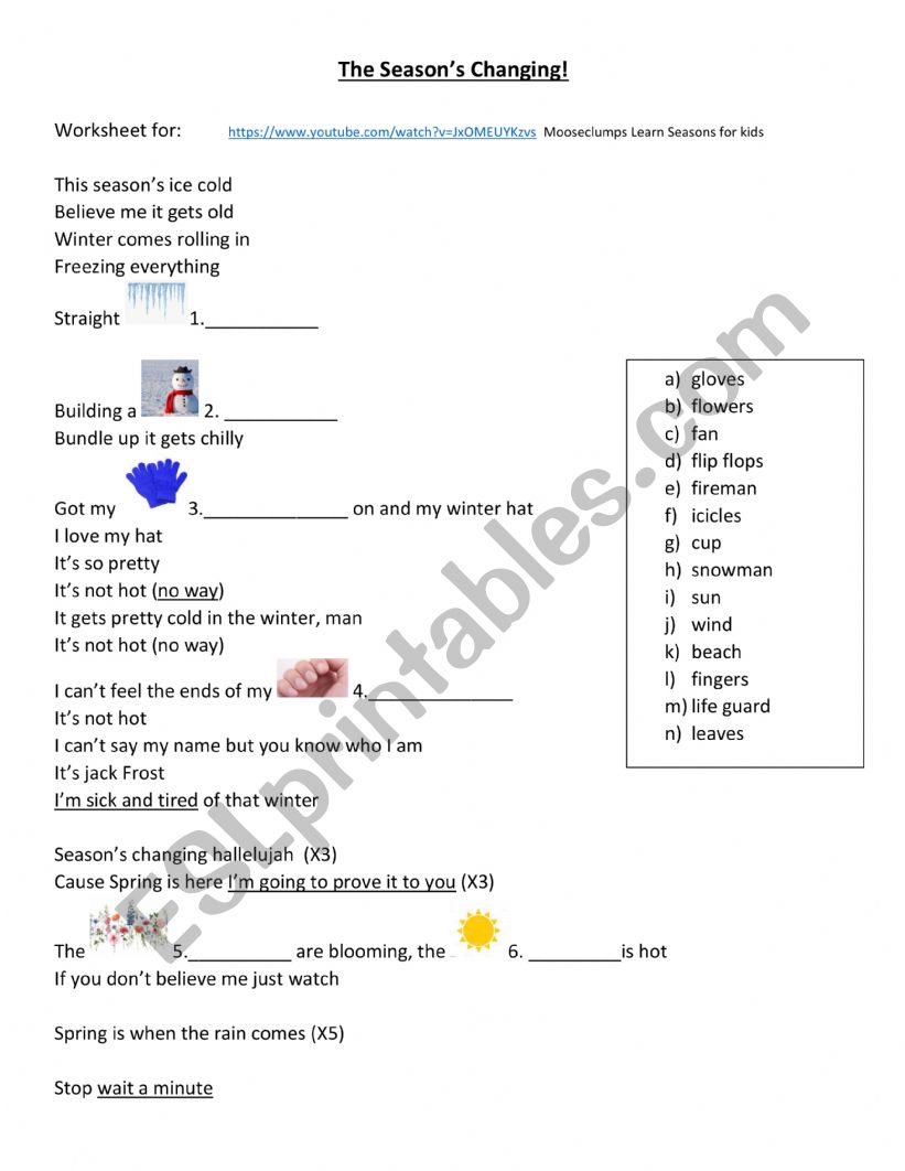 Learn Seasons Worksheet using Mooseclumps Uptown Funk Cover