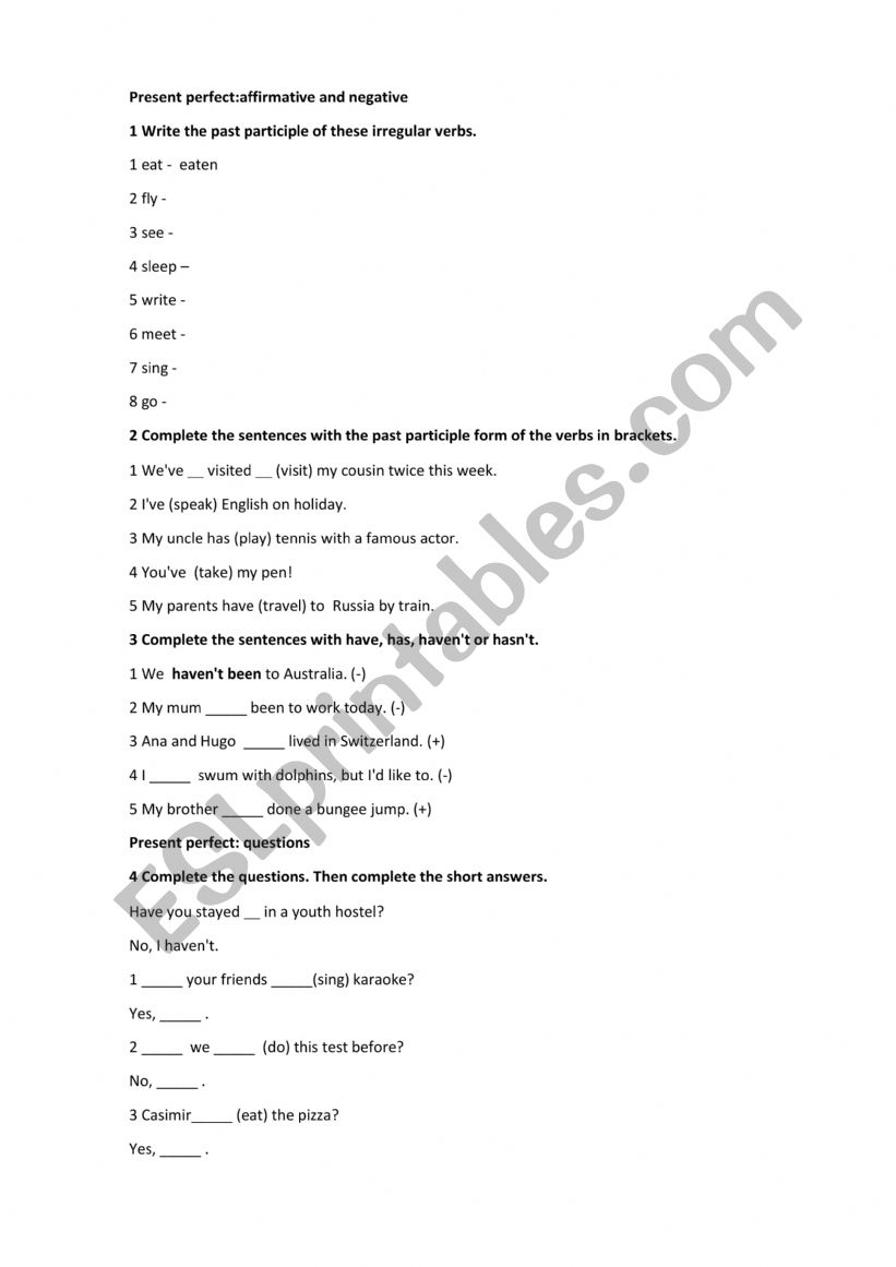 present perfect worksheet