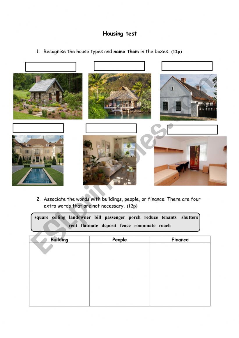 Housing/House chores test worksheet