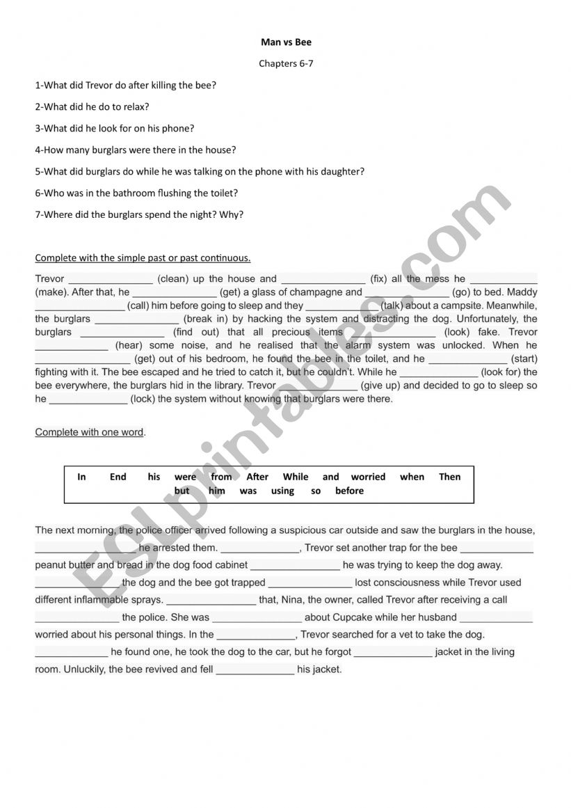 Man Vs Bee - Chapters6-7 worksheet