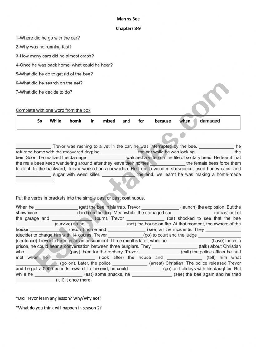 Man vs Bee ch8 and 9 worksheet