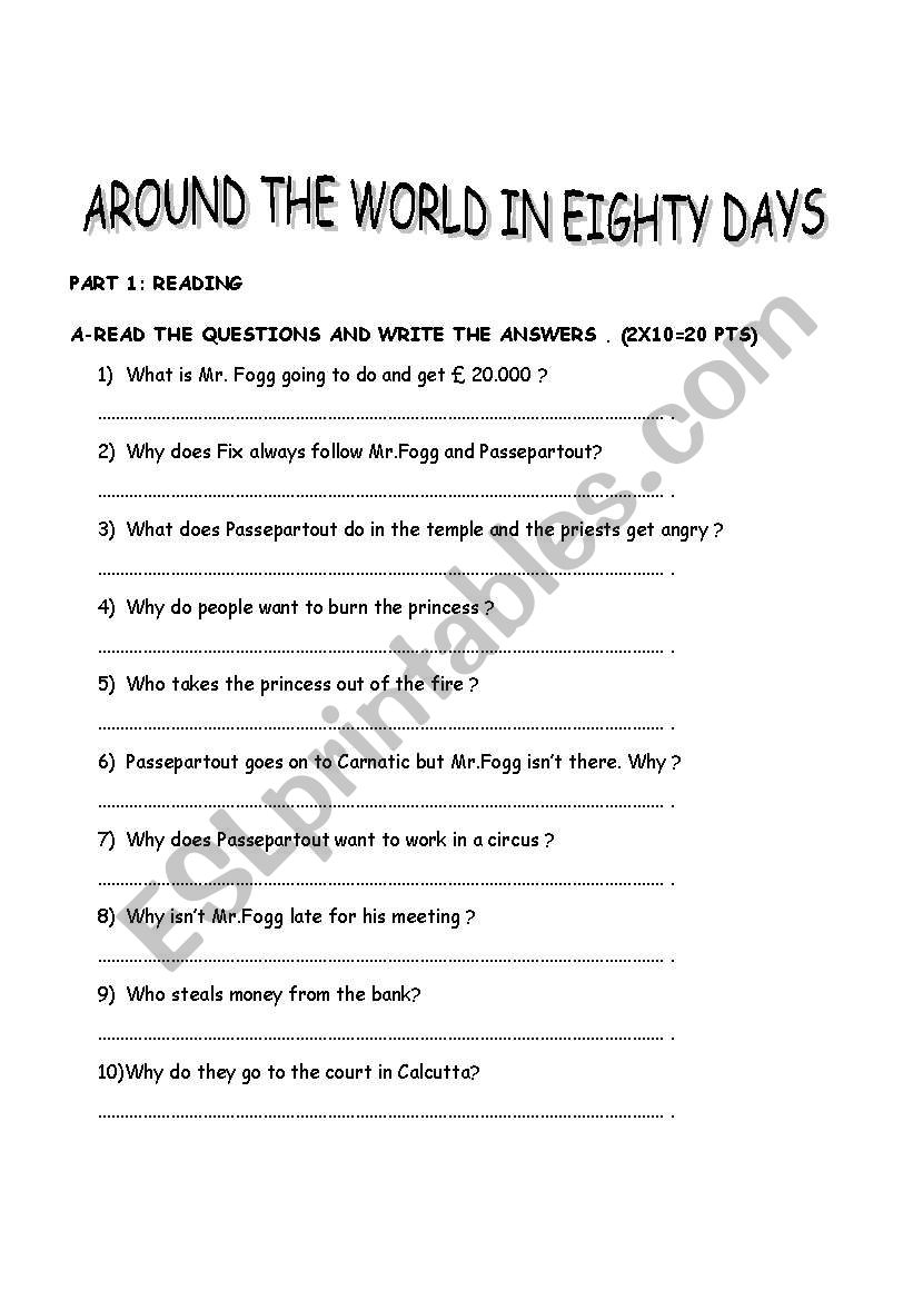 AROUND THE WORLD IN 80 DAYS worksheet