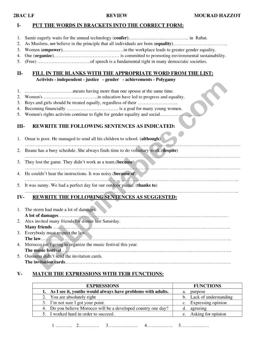 2BAC GRAMMAR - VOCABULARY - FUNCTIONS REVIEW 